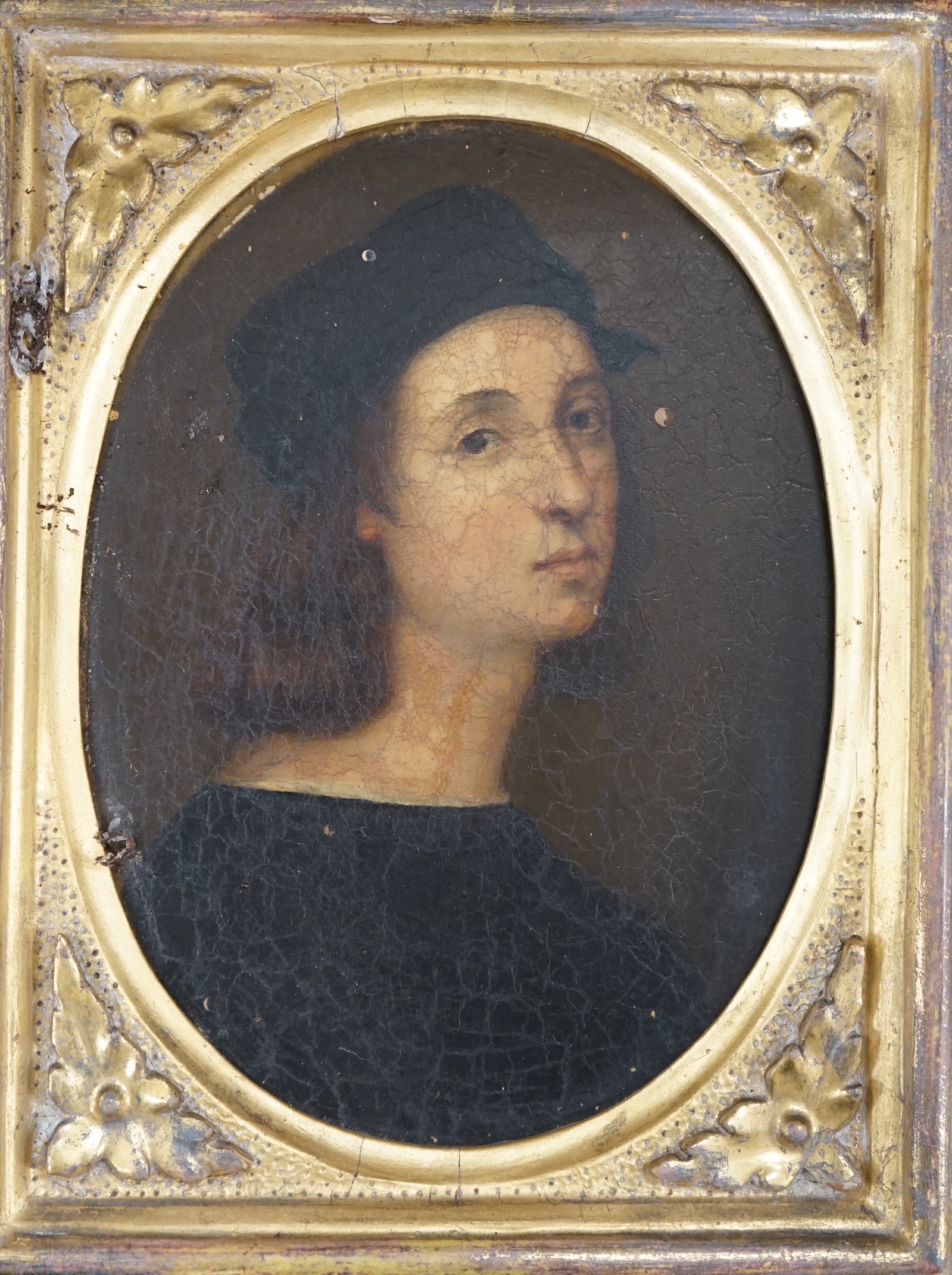 A set of three 19th century Old Master style oils on board, portraits after Leonardo Da Vinci (1452-1519) Raphael (1483-1520) and one other, indistinct ink descriptions verso, housed in gilt Florentine gilt frames, large